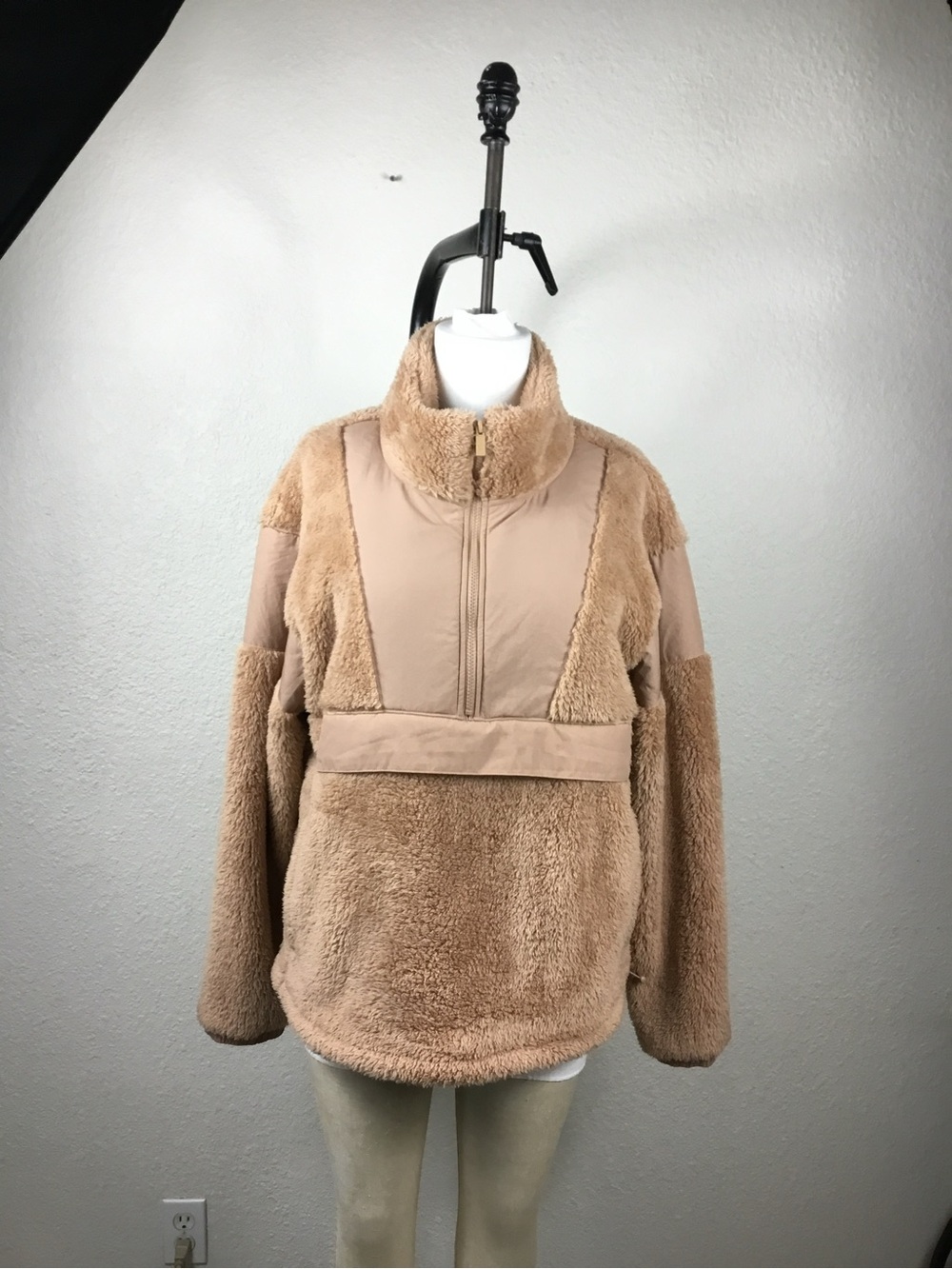 Cozy Half-Zip Teddy Pullover Jacket - Tan